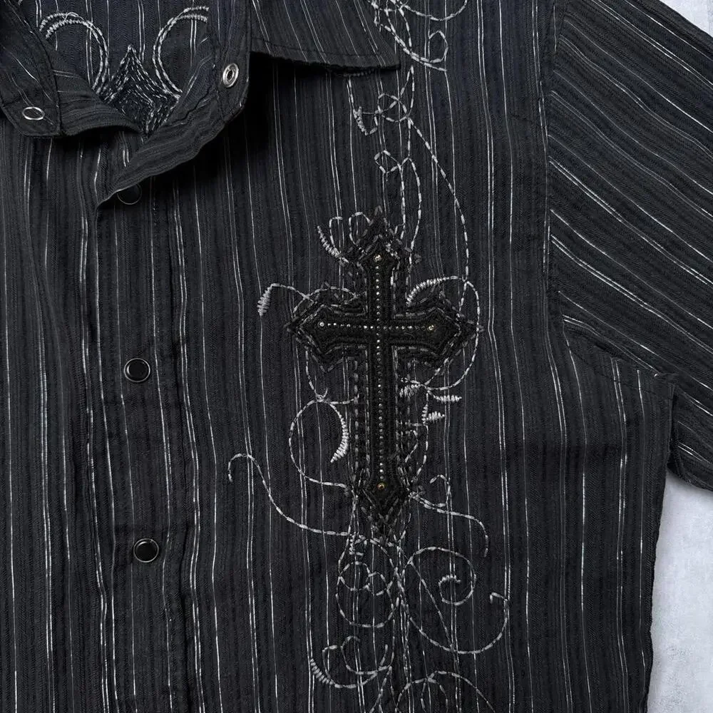 Y2K Lamasini Cross Embroidered 00s Button Up Shirt - Picture 6 of 7